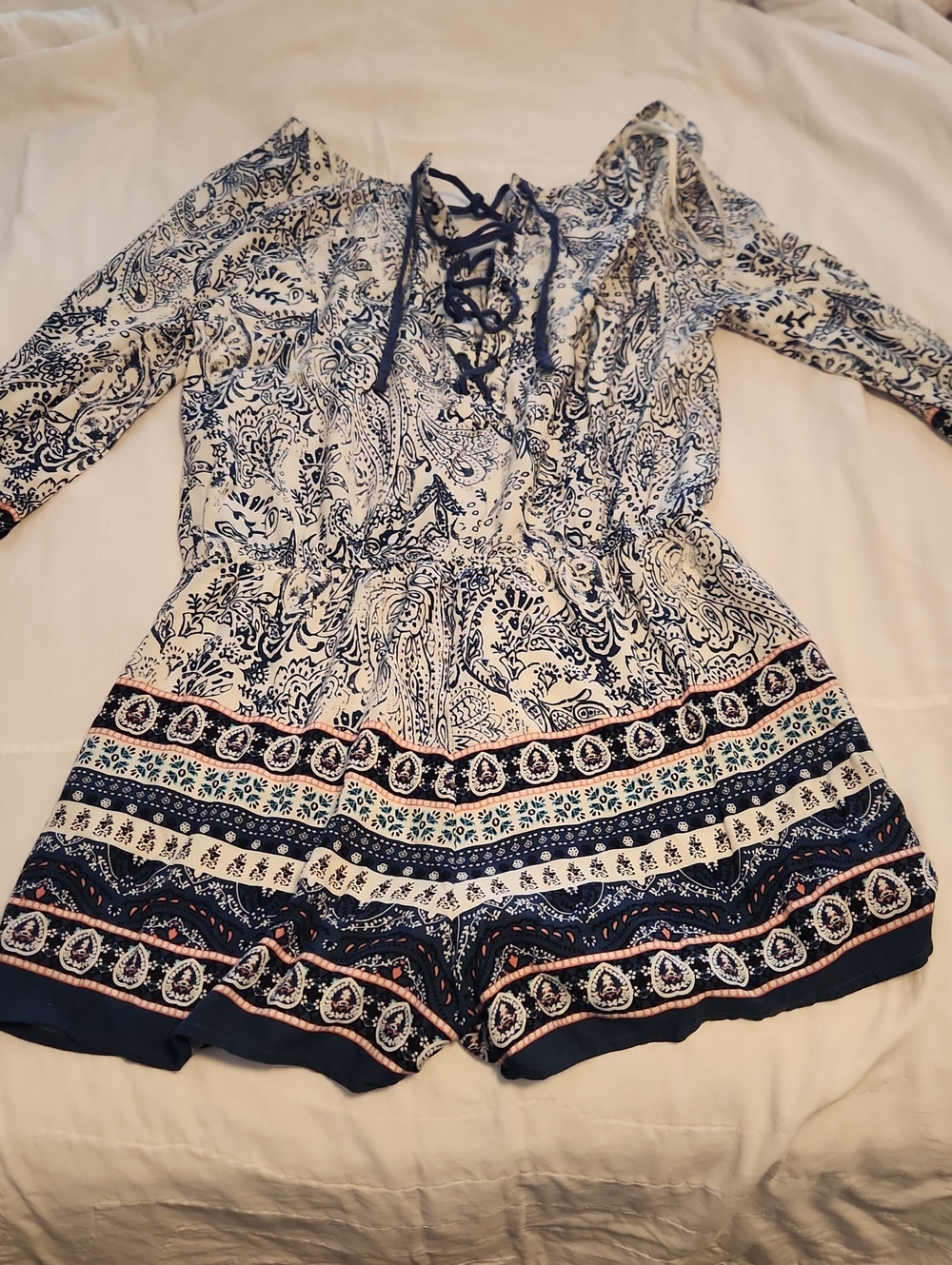 Altar'd State Blue and White Paisley V-Neck Romper